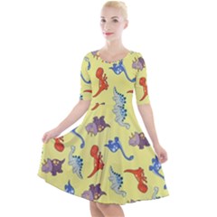 Dinosaurs - Yellow Finch Quarter Sleeve A-line Dress by WensdaiAmbrose