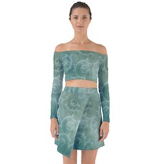 Background Green Structure Texture Off Shoulder Top With Skirt Set