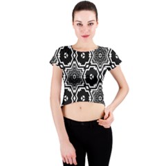 Black White Abstract Flower Crew Neck Crop Top by retrotoomoderndesigns