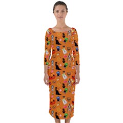 Halloween Treats Pattern Orange Quarter Sleeve Midi Bodycon Dress by snowwhitegirl