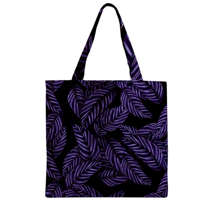 Tropical Leaves Purple Zipper Grocery Tote Bag