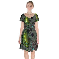 Fractal Intensive Green Olive Short Sleeve Bardot Dress