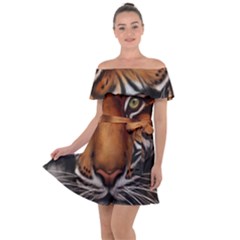 The Tiger Face Off Shoulder Velour Dress by Sudhe