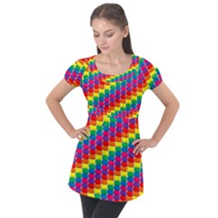 Rainbow 3d Cubes Red Orange Puff Sleeve Tunic Top by Sudhe