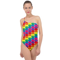 Rainbow 3d Cubes Red Orange Classic One Shoulder Swimsuit by Sudhe
