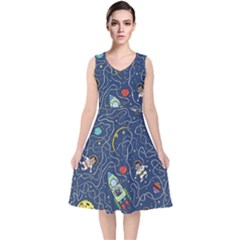 Cat Cosmos Cosmonaut Rocket V-neck Midi Sleeveless Dress  by Sudhe