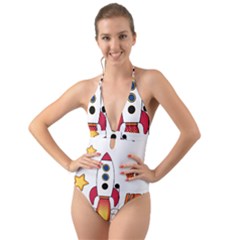 Rocket Cartoon Halter Cut-out One Piece Swimsuit by Sudhe