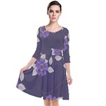 Purple flowers Quarter Sleeve Waist Band Dress