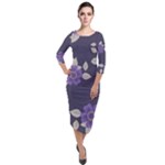 Purple flowers Quarter Sleeve Midi Velour Bodycon Dress