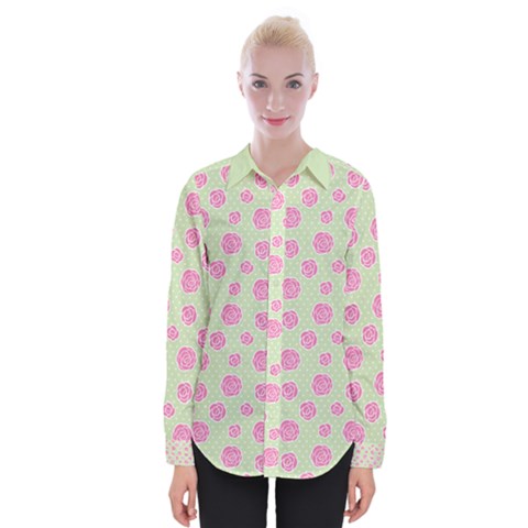 Roses Flowers Pink And Pastel Lime Green Pattern With Retro Dots Womens Long Sleeve Shirt by genx