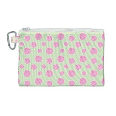 Roses Flowers Pink And Pastel Lime Green Pattern With Retro Dots Canvas Cosmetic Bag (large) by genx