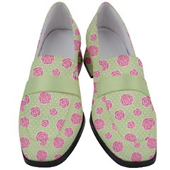 Roses Flowers Pink And Pastel Lime Green Pattern With Retro Dots Women s Chunky Heel Loafers by genx