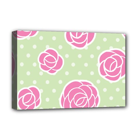 Roses Flowers Pink And Pastel Lime Green Pattern With Retro Dots Deluxe Canvas 18  X 12  (stretched) by genx