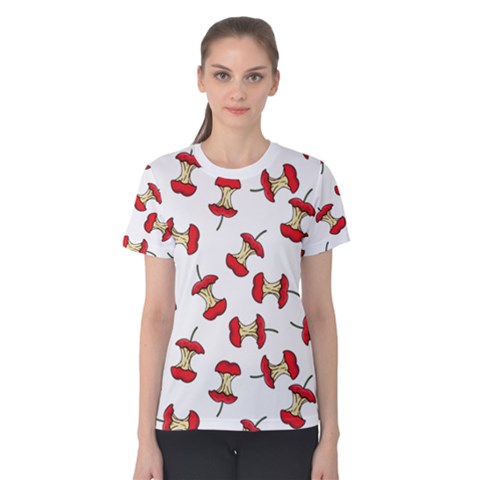 Red Apple Core Funny Retro Pattern Half On White Background Women s Cotton Tee by genx
