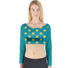 Toast With Cheese Funny Retro Pattern Turquoise Green Background Long Sleeve Crop Top by genx