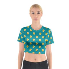 Toast With Cheese Funny Retro Pattern Turquoise Green Background Cotton Crop Top by genx