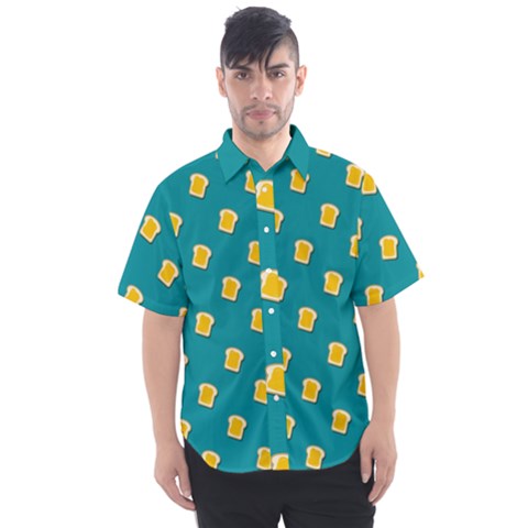 Toast With Cheese Funny Retro Pattern Turquoise Green Background Men s Short Sleeve Shirt by genx