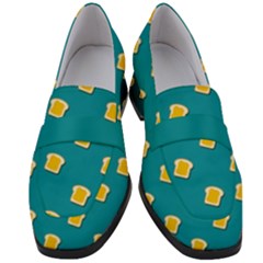 Toast With Cheese Funny Retro Pattern Turquoise Green Background Women s Chunky Heel Loafers by genx