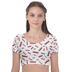Funny Bacon Slices Pattern Infidel Red Meat Velvet Short Sleeve Crop Top  by genx