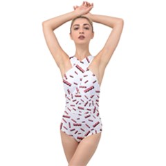Funny Bacon Slices Pattern Infidel Red Meat Cross Front Low Back Swimsuit by genx