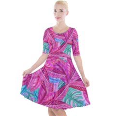 Leaves Tropical Reason Stamping Quarter Sleeve A-line Dress by Pakrebo