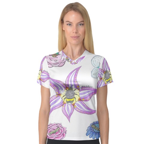 Flower And Insects V-neck Sport Mesh Tee by okhismakingart