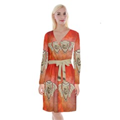 Wonderful Dragon On A Shield With Wings Long Sleeve Velvet Front Wrap Dress by FantasyWorld7
