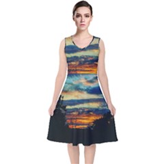 Blue Sunset V-neck Midi Sleeveless Dress  by okhismakingart