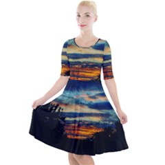 Blue Sunset Quarter Sleeve A-line Dress by okhismakingart