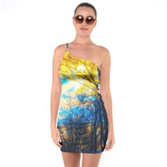 Yellow And Blue Forest One Soulder Bodycon Dress by okhismakingart