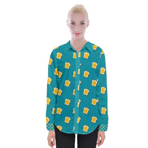 Toast With Cheese Pattern Turquoise Green Background Retro Funny Food Womens Long Sleeve Shirt by genx