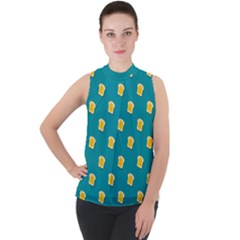 Toast With Cheese Pattern Turquoise Green Background Retro Funny Food Mock Neck Chiffon Sleeveless Top by genx