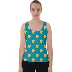 Toast With Cheese Pattern Turquoise Green Background Retro Funny Food Velvet Tank Top by genx