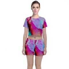 Red Purple Green Ink           Crop Top And Shorts Co-ord Set