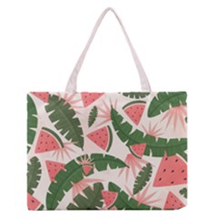 Tropical Watermelon Leaves Pink And Green Jungle Leaves Retro Hawaiian Style Zipper Medium Tote Bag by genx