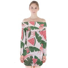 Tropical Watermelon Leaves Pink And Green Jungle Leaves Retro Hawaiian Style Long Sleeve Off Shoulder Dress by genx