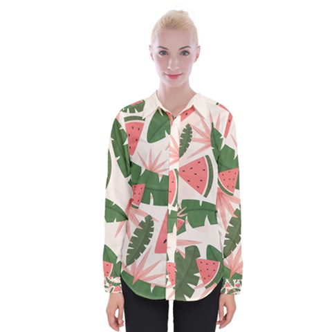 Tropical Watermelon Leaves Pink And Green Jungle Leaves Retro Hawaiian Style Womens Long Sleeve Shirt by genx