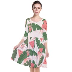 Tropical Watermelon Leaves Pink And Green Jungle Leaves Retro Hawaiian Style Quarter Sleeve Waist Band Dress by genx