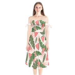 Tropical Watermelon Leaves Pink And Green Jungle Leaves Retro Hawaiian Style Shoulder Tie Bardot Midi Dress by genx