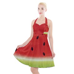 Juicy Paint Texture Watermelon Red And Green Watercolor Halter Party Swing Dress  by genx