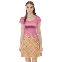 Ice Cream Pink Melting Background With Beige Cone Short Sleeve Skater Dress by genx