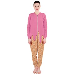 Ice Cream Pink Melting Background With Beige Cone Onepiece Jumpsuit (ladies)  by genx