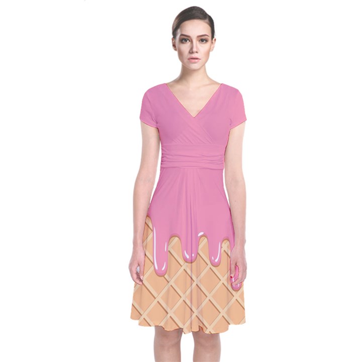 Ice Cream Pink melting background with beige cone Short Sleeve Front Wrap Dress