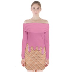 Ice Cream Pink Melting Background With Beige Cone Long Sleeve Off Shoulder Dress by genx