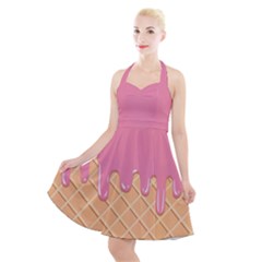 Ice Cream Pink Melting Background With Beige Cone Halter Party Swing Dress  by genx