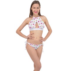 Popsicle Juice Watercolor With Fruit Berries And Cherries Summer Pattern Cross Front Halter Bikini Set by genx