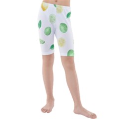 Lemon And Limes Yellow Green Watercolor Fruits With Citrus Leaves Pattern Kids  Mid Length Swim Shorts by genx