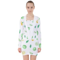 Lemon And Limes Yellow Green Watercolor Fruits With Citrus Leaves Pattern V-neck Bodycon Long Sleeve Dress by genx