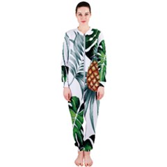 Pineapple Tropical Jungle Giant Green Leaf Watercolor Pattern Onepiece Jumpsuit (ladies)  by genx