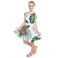 Pineapple Tropical Jungle Giant Green Leaf Watercolor Pattern Kids  Short Sleeve Dress by genx